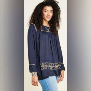 Earthbound Boho Navy Blue Embroidered Flowy Blouse Size Small